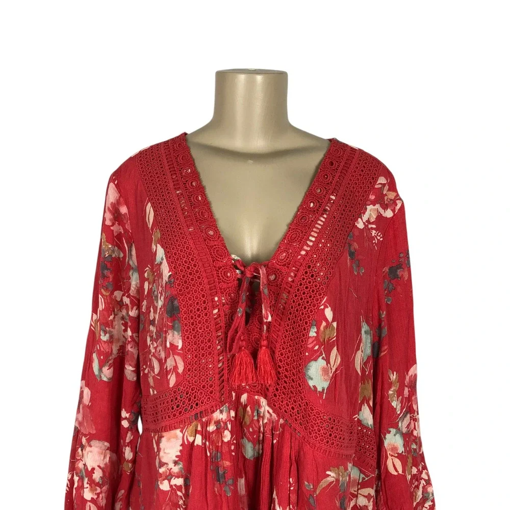 Torrid Floral Print Crochet Lace V-Neck Bell Sleeve Tunic Top Size 1X Boho Gauze - Picture 3 of 8